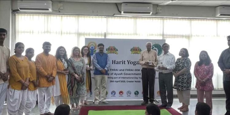 FHRAI Harit Yoga, International Day of Yoga 2025, FHRAI-IHM Yoga Event, Hospitality Industry Yoga, Wellness and Nature Event, Ministry of Ayush Yoga, Mokshayatan Yog Sansthan, Yoga for Peace and Wellness, Environmental Consciousness Yoga, Green Practices Yoga, Sustainable Living Yoga, Yoga and Tree Planting, Greater Noida Yoga Event, Yoga for Hospitality Professionals, Harit Yoga Theme, Yoga and Mindfulness, Yoga Breathing Exercises, Guided Meditation Event, Yoga and Ecological Health, Jaison Chacko FHRAI,