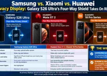 Samsung, Galaxy S26 Ultra, Xiaomi, Xiaomi 18 Pro, Huawei, Huawei Mate XT 2, Privacy Display, Smartphone Privacy, Mobile Security, Display Technology, Foldable Phones, Ice Universe, Phone Comparison