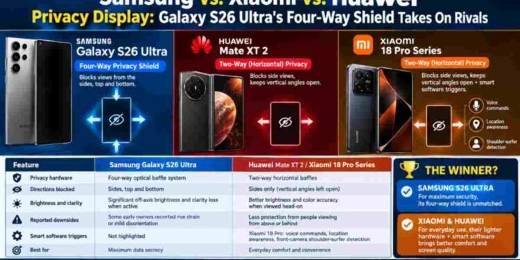 Samsung, Galaxy S26 Ultra, Xiaomi, Xiaomi 18 Pro, Huawei, Huawei Mate XT 2, Privacy Display, Smartphone Privacy, Mobile Security, Display Technology, Foldable Phones, Ice Universe, Phone Comparison