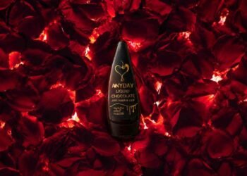 Bottle of Anyday ready-to-pour liquid couple chocolate on a romantic date night table